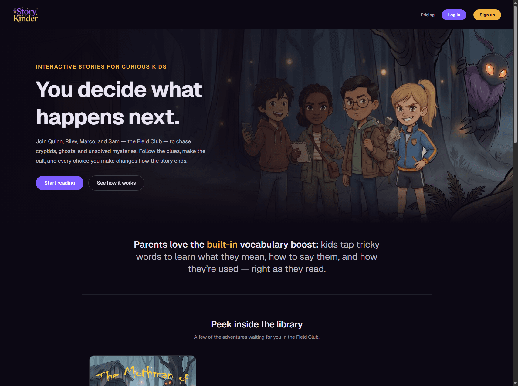 The StoryKinder landing page: illustrated artwork of four children with torches in a dark forest facing a winged creature, beside the headline You decide what happens next.
